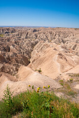 Panoramic view of rugged terrain and erosion in Badlands National Park, South Dakota