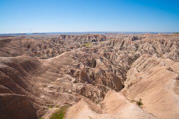 Panoramic view of rugged terrain and erosion in Badlands National Park, South Dakota