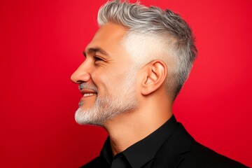 Obraz premium A proud and confident gentleman standing tall. Elegant men's two-block cut haircut - midlife arabian man with middle hair. Idea of style for aging men. Red solid background.