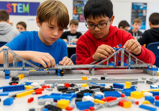 Two boys, one wearing glasses, build a bridge with colorful blocks, focusing intently on their creation in a classroom environment