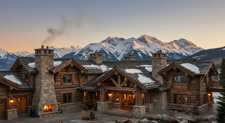 Luxury mountain log cabin home with snow capped mountains and cozy fireplace at sunset in the wilderness