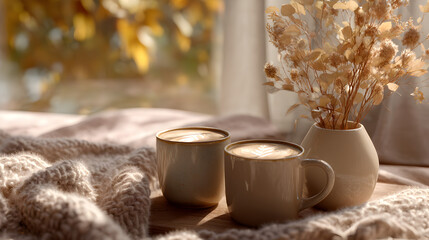 Cozy fall scene with mugs of coffee, a knitted blanket and a vase of dried flowers by a bright window.