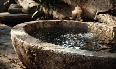 Fototapeta premium Luxury round stone bathtub filled with water in a spa bathroom