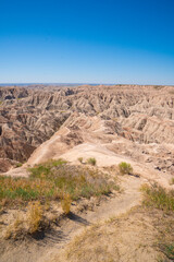 Panoramic view of rugged terrain and erosion in Badlands National Park, South Dakota