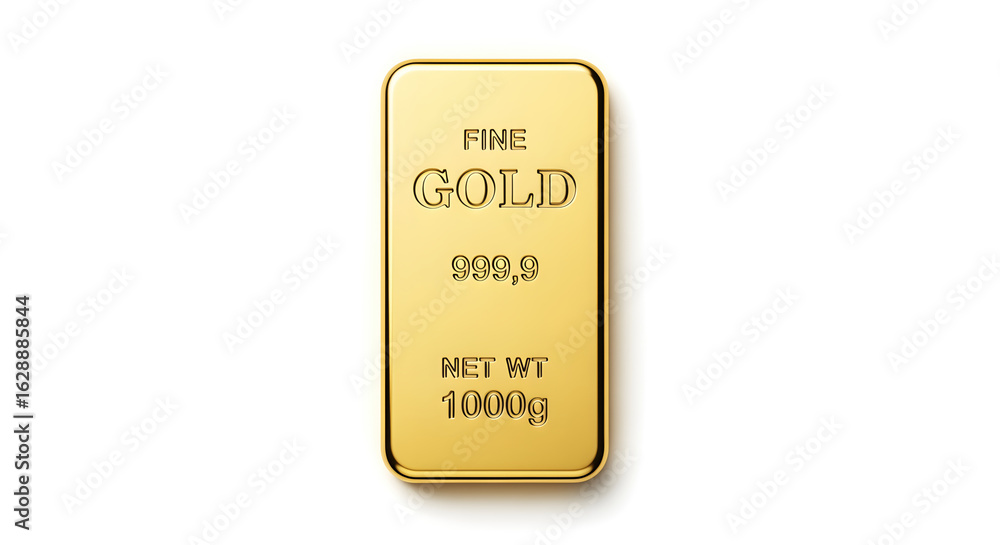 Poster close up of a gleaming gold bar isolated on a clean white background reveals textures and inscriptio