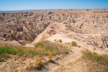 Panoramic view of rugged terrain and erosion in Badlands National Park, South Dakota