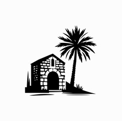 Naklejka premium Minimalist Black Vector Logo of Traditional Palestinian Stone House and Date Palm Tree Isolated on White Background 
