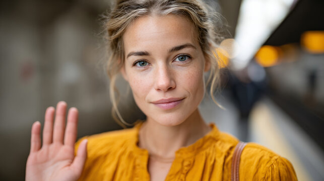 Woman gesturing step back on subway platform