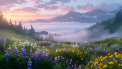 Obraz premium Idyllic alpine meadow with vibrant wildflowers overlooking a misty mountain valley at sunrise.