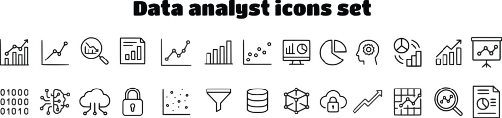 Set of data analyst line icons featuring graphs, charts, bar and line plots, magnifying glass, pie chart, computer, head with gear, binary code, artificial intelligence, cloud, padlock, scatter plot, 