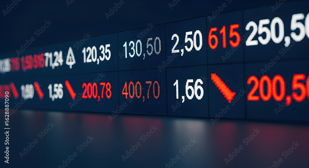 Aufkleber dark stock market data display showing numbers and red arrows indicating downward trend with artific