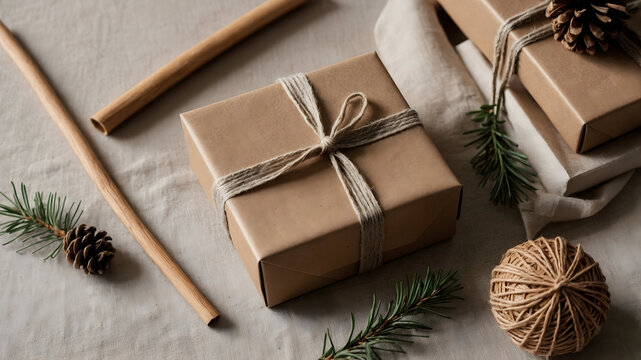 A festive scene of brown paper packages tied with string, awaiting joyful celebrations and cozy gatherings.