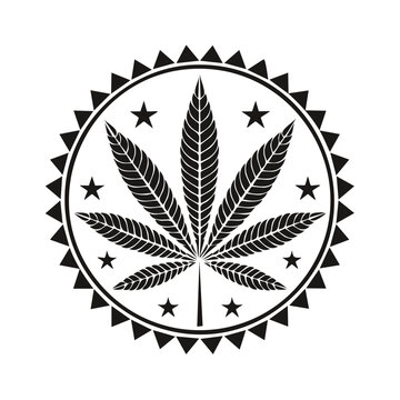 Black and white cannabis leaf icon in a circular seal with stars vector graphic