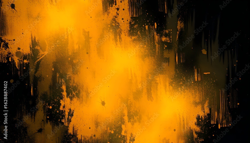 Poster abstract painting with bright yellow and orange hues blending into a dark background, creating a dyn