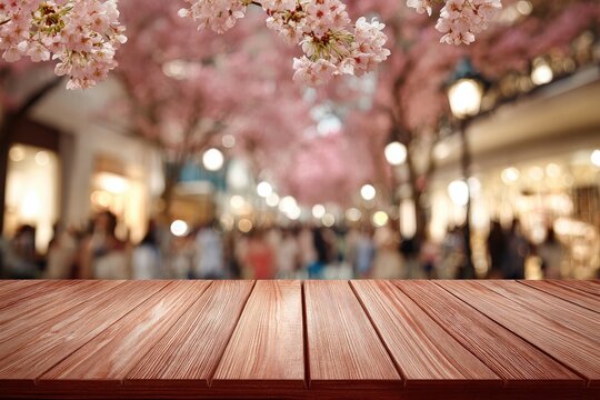 Wooden table top, bokeh cherry blossoms, city street - Powered by Adobe