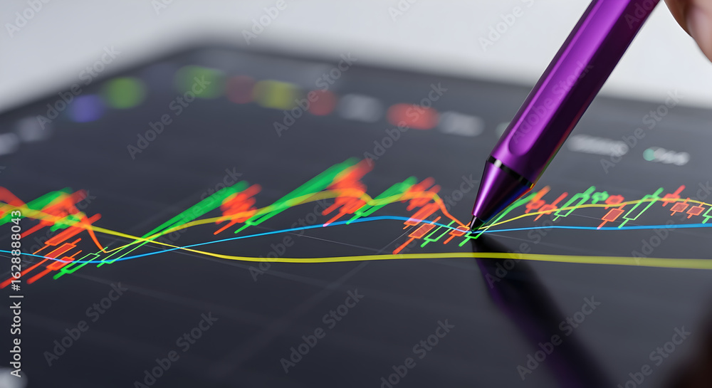 Poster digital tablet displaying stock market data with a purple stylus pointing at a financial chart in a 