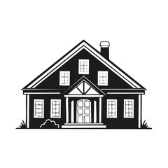 Black and White Silhouette of a Traditional House with Chimney and Multiple Windows