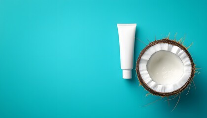 Fototapeta premium Natural cosmetic cream tube mockup with coconut on a turquoise background. Top view flat lay with copy space.