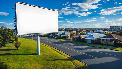 Large blank billboard stands tall beside a suburban street with residential houses under a bright blue cloudy sky offering prime advertising space
