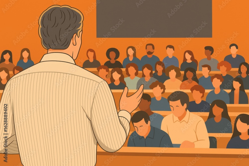 Poster academic instructor gesturing during lecture, diverse students listening intently, blackboard visibl