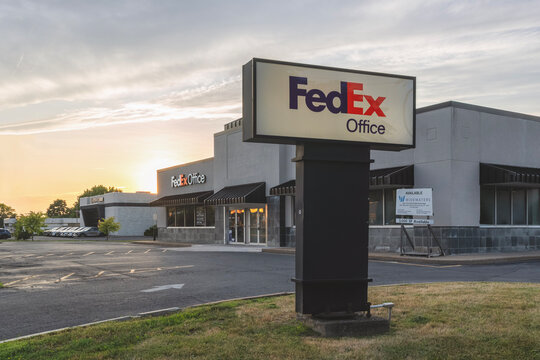 Syracuse, NY - Jul 30, 2025: Sunset view of FedEx HQ, is a global transportation, e-commerce, and logistics co., widely recognized for its express shipping services. Founded in 1971 as Federal Express