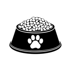 Icon of a pet food bowl with paw print and kibble in black and white