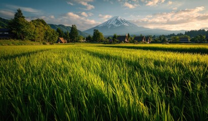 good quality and organic japanese rice field at Fuji mountain area, Japan.	