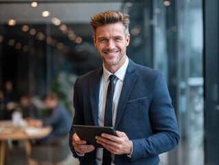 good looking, positive self confident and successful  executive manager is working in office with his tablet.	