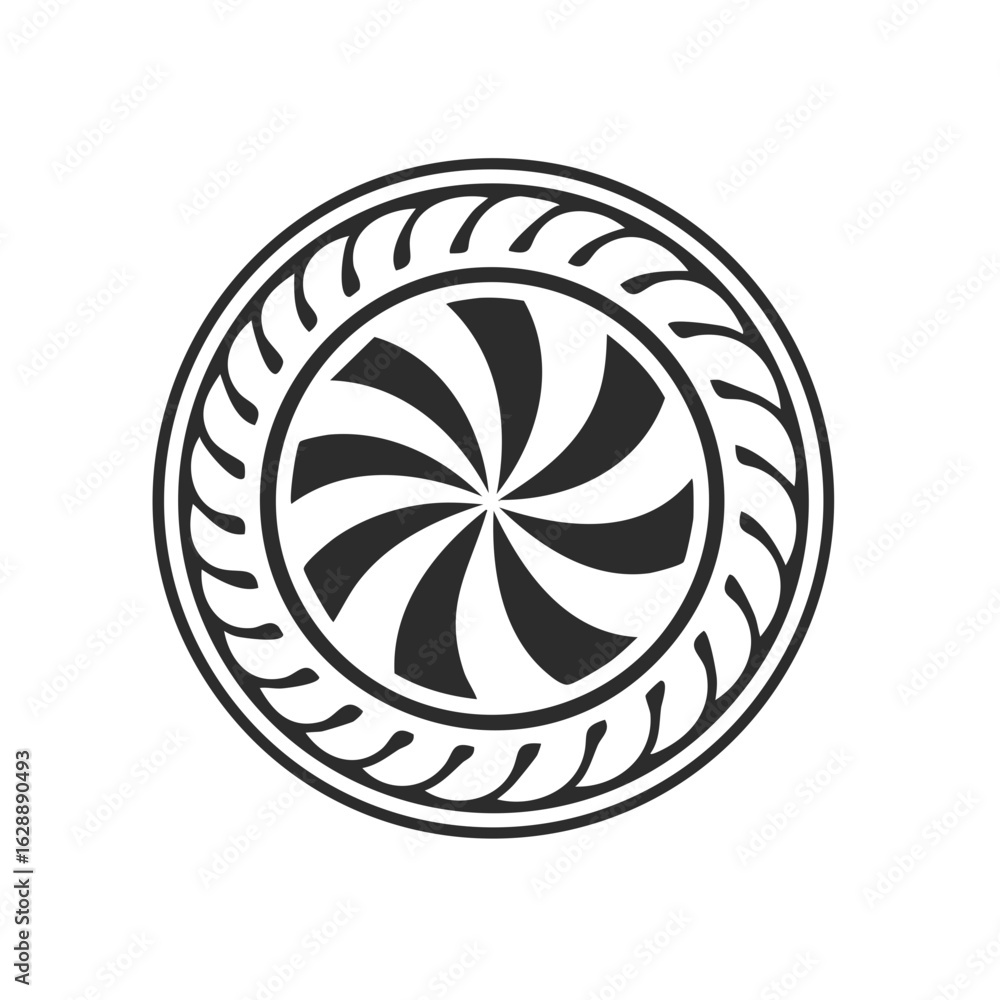 Poster stylized circular design with a spiral center and decorative border element