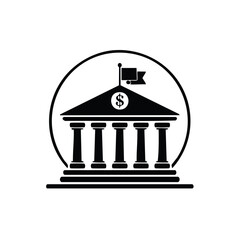 Classic Bank Building Icon with Dollar Sign and Flag Symbolizing Finance and Business