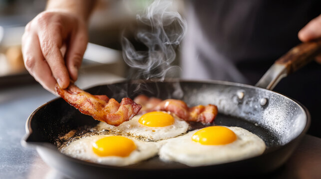 Chef flipping bacon in a skillet with sizzling eggs for a delicious breakfast scene