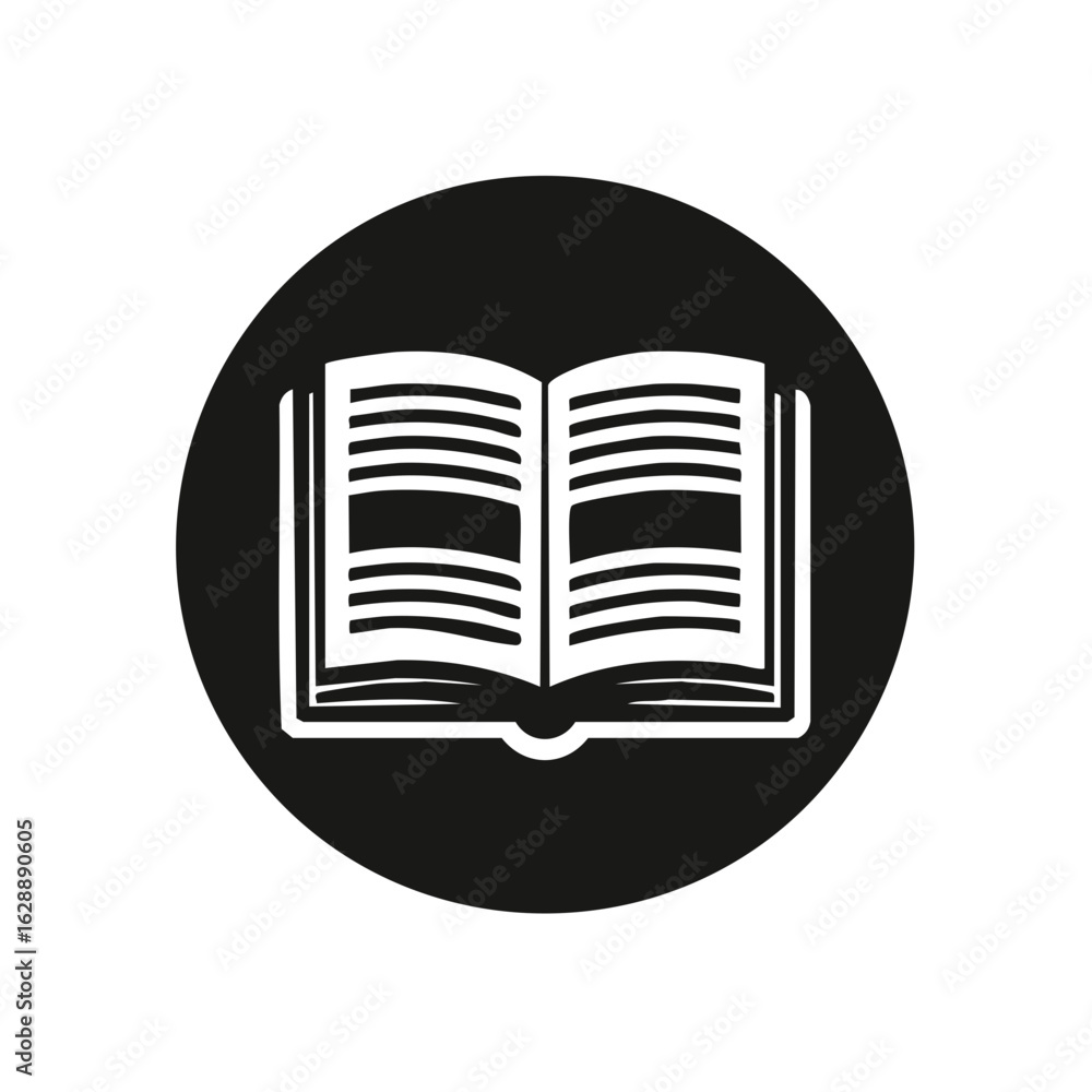 Poster minimalist open book icon in a black circular shape representing reading and education.
