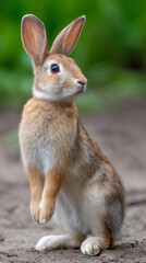 Fototapeta premium Curious rabbit with perked ears standing alert in natural habitat