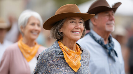 Seniors enjoying community square dance in festive atmosphere
