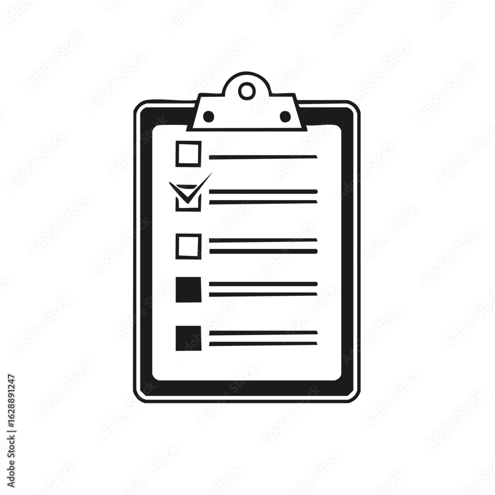Poster checklist on clipboard with marked item and empty boxes illustration