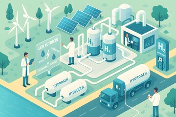 Fototapeta premium Hydrogen production plant powered by wind and solar, with tanks, researchers, and trucks, showing clean energy storage and transportation system.