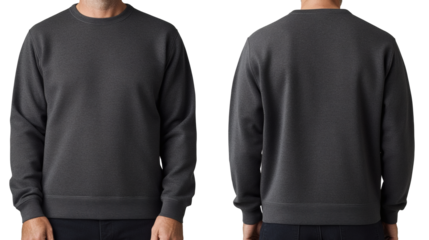 Stylish charcoal gray sweatshirt mockup showcases front and back views on a mannequin, perfect for apparel designers and online stores