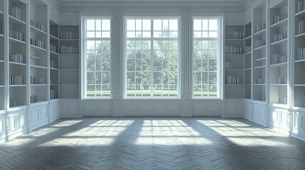 Obraz premium A spacious, sunlit library with large windows overlooking a garden. Built-in bookshelves line the walls