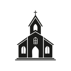 Black Silhouette Icon of Christian Church Building with Cross and Steeple