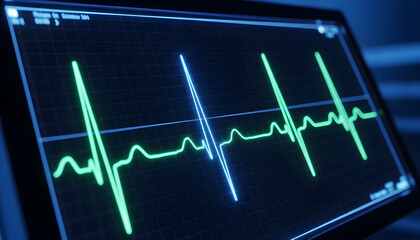 ECG monitor showing glowing heart rate waveform on digital display in hospital environment