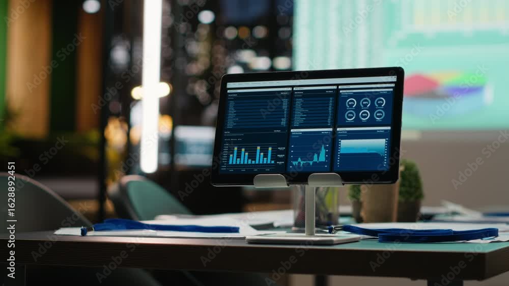 Poster empty corporate dark office with analytics tools on a projection screen, insights and infographics r