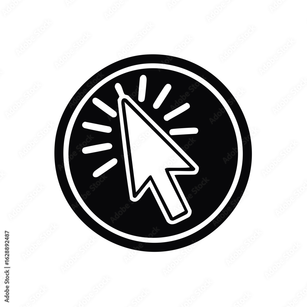 Poster clicking mouse cursor arrow icon in a black circle. flat design vector graphic for ui and web.