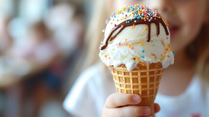 Child enjoying a double scoop ice cream cone