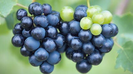 Fototapeta premium Close-up of two bunches of grapes, one dark purple and one light green, hanging on a vine