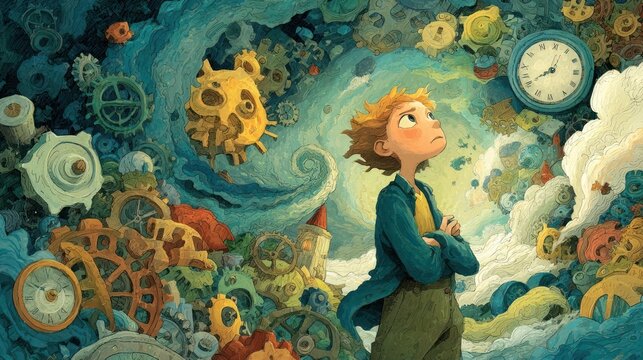 Child Gazing at Whimsical Clockwork Sky in an Imaginary Landscape.