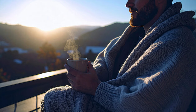 Hombre tomando bebida caliente en balc&oacute;n al atardecer con paisaje de monta&ntilde;a
