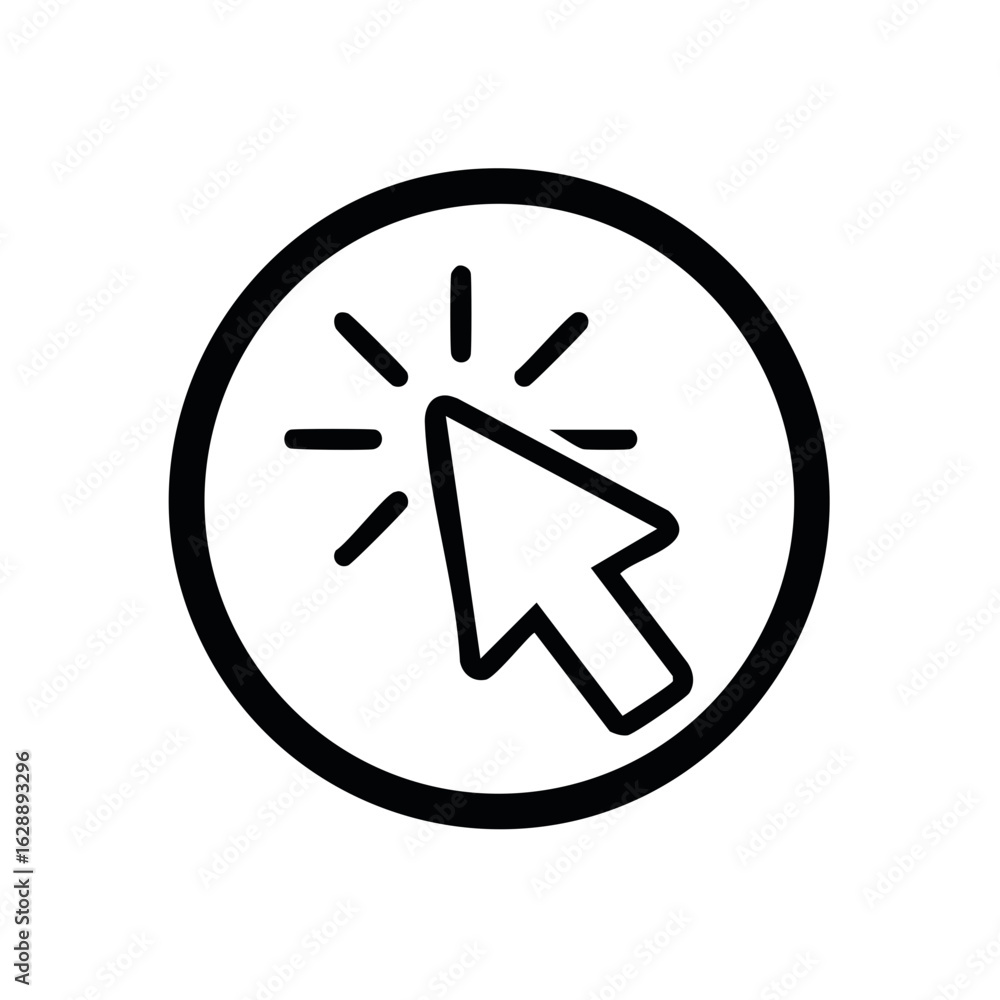 Poster cursor clicking on a circular icon with radiating lines signifying action or selection