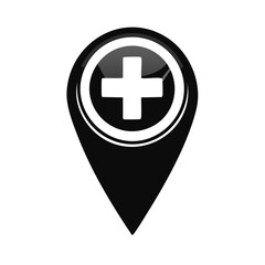 Obraz premium Black map pin icon with a white medical cross symbol for healthcare navigation and emergency location