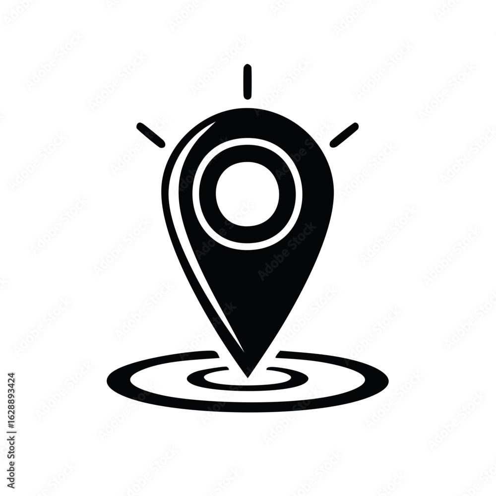 Poster black location marker icon pointing down with signal waves, map pin for navigation apps, vector