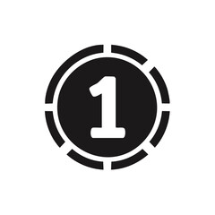 Simple black coin icon with the number one symbol for first place or currency
